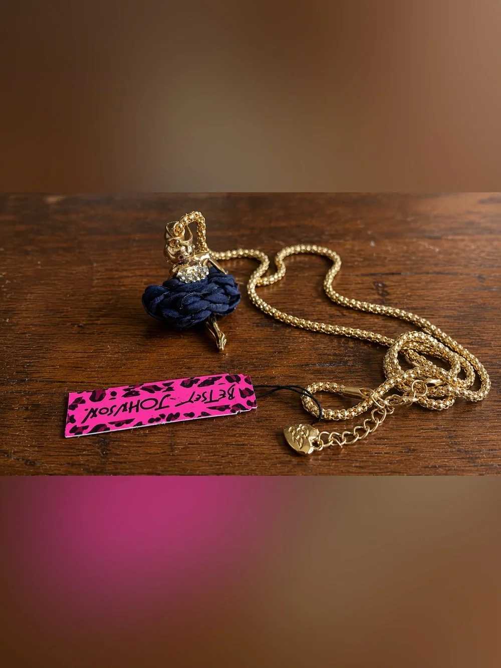 Betsey Johnson Ballerina Pendant Necklace NWT Navy Tutu 30” Gold Tone Crystal
